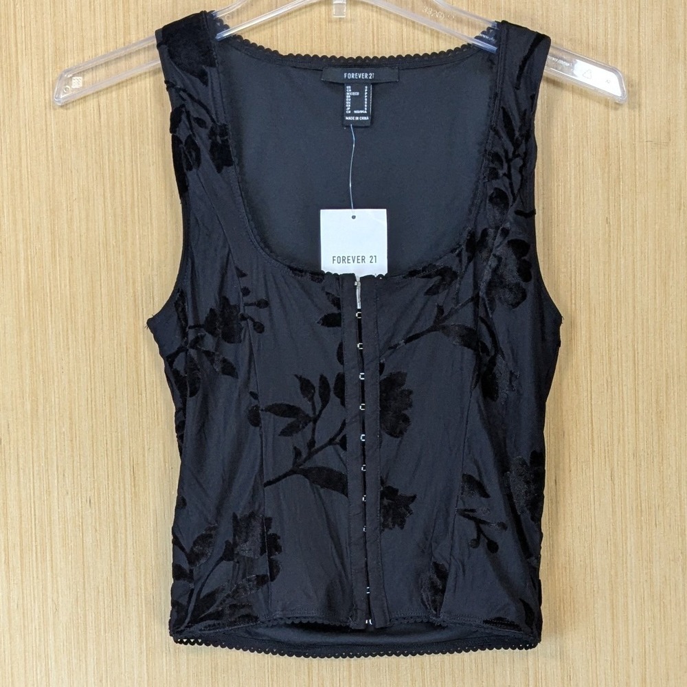 Women's Whimsigoth Witchy Vamp Black Velvet Burnout Floral Corset Top Size S NWT